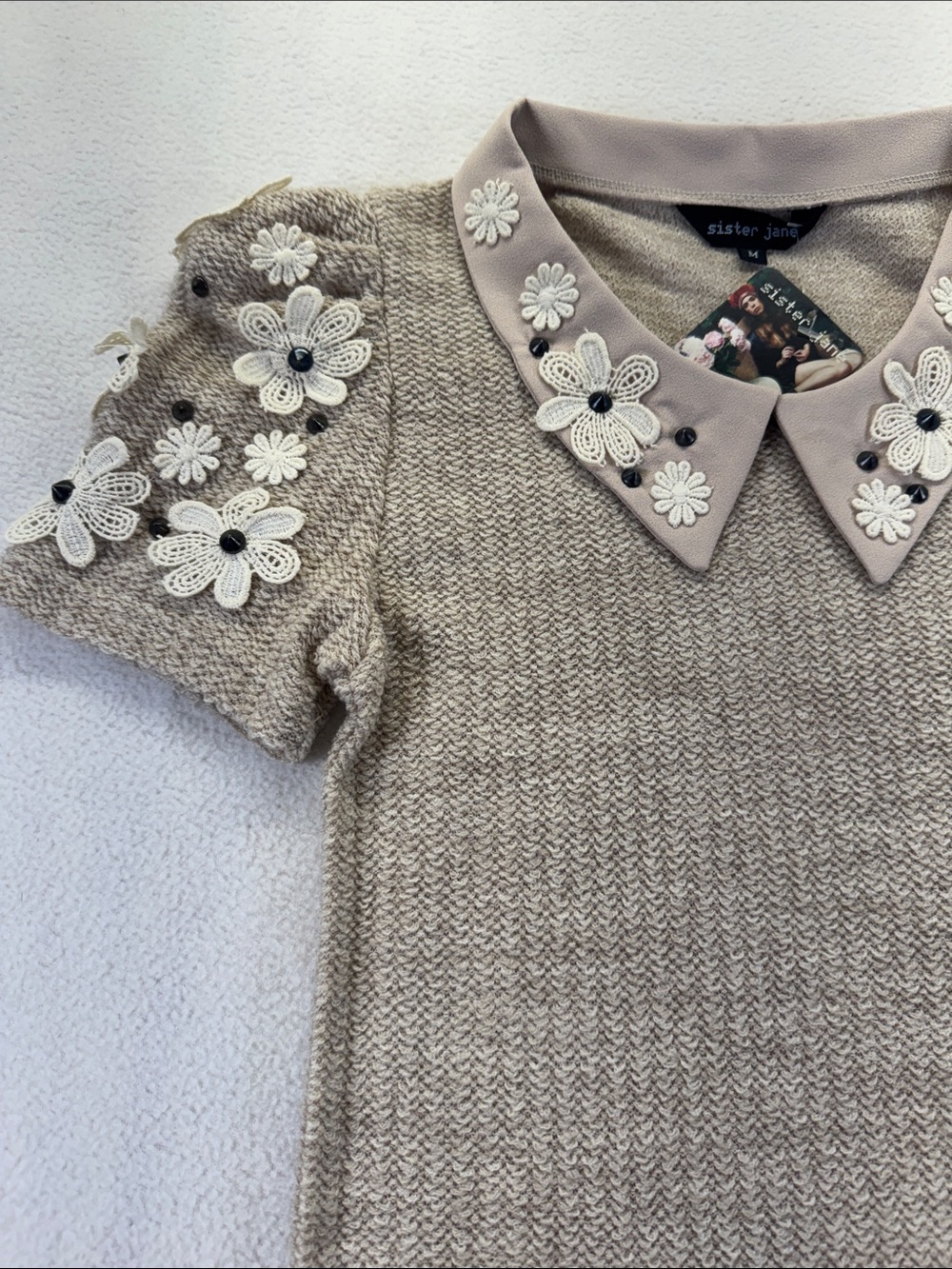 Sister Jane Embellished Floral Peter Pan Collar Knit Top Beige Size M NWT - Picture 3 of 8